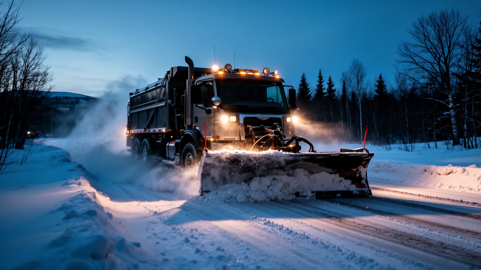 Camion de déneigement VALINEIGE en action sur une route enneigée du Saguenay